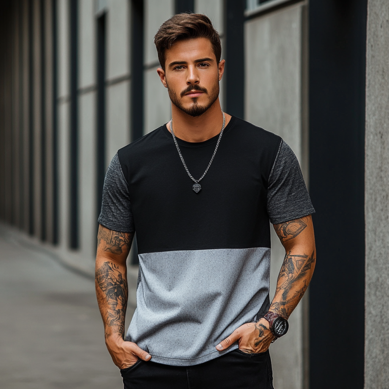 Men's Casual Premium Cotton Contrast Color Patchwork Round Neck Slim Short-sleeved T-shirt MTA1538E3M