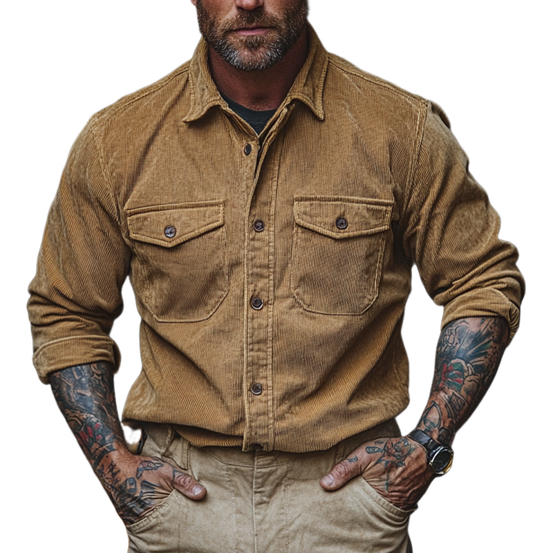 Men's Vintage Solid Color Corduroy Long Sleeve Shirt MTA2634H6X