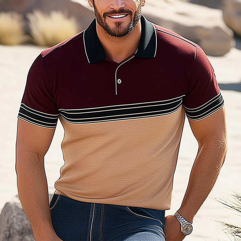 Men's Summer Business Colorblock Knitted Short-sleeved Polo Shirt MTA2948G1U