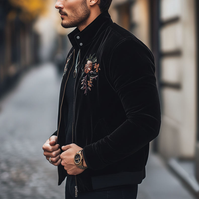 Men's Vintage Floral Embroidered Stand-collar Velvet Zip-up Jacket MTA0852L0U