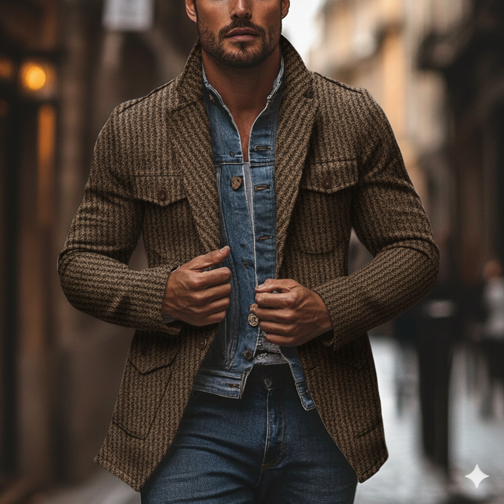 Men's Blended Striped Lapel Multi-pocket Jacket MTA2963I4X