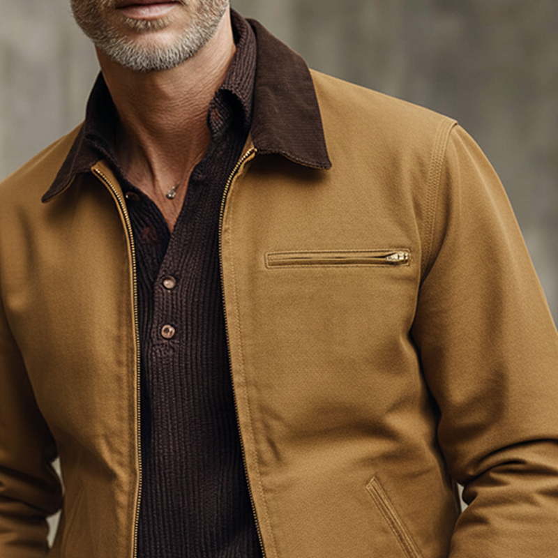 Men's Canvas Contrast Color Panel Workwear Zipper Multi-pocket Jacket MTA3025I4X