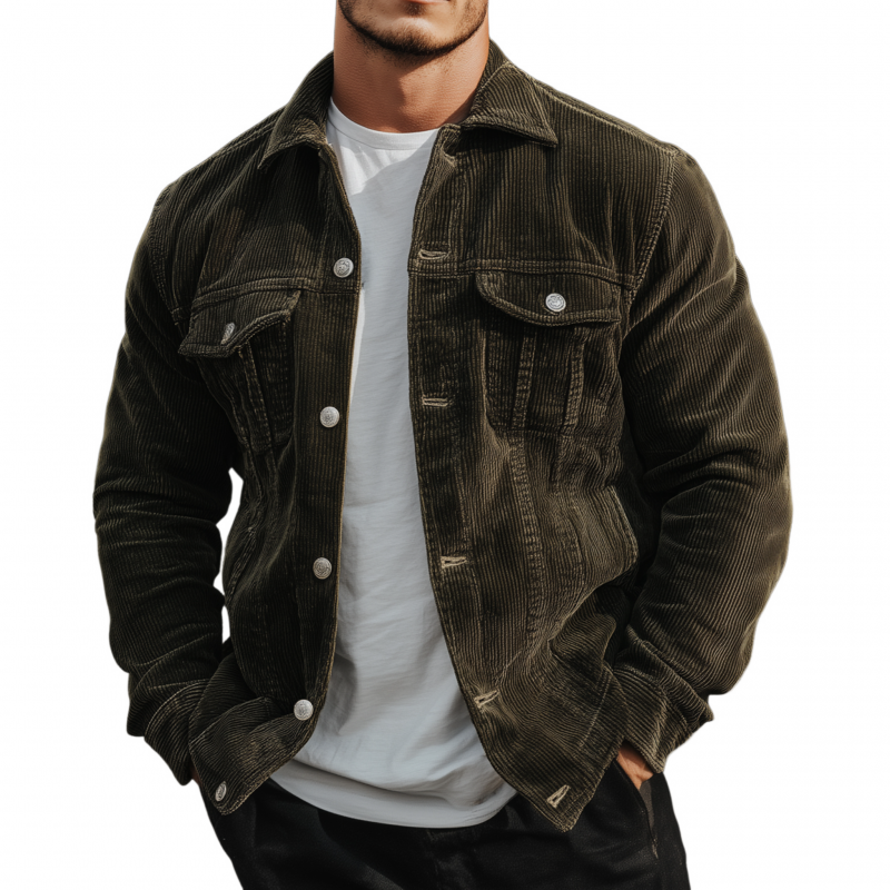 Men's Casual Outdoor Solid Color Corduroy Lapel Single-Breasted Loose Cargo Jacket MTA1241H3M