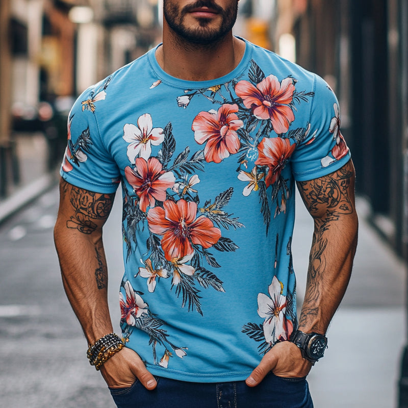 Men's Holiday Floral Print Crew Neck Short Sleeve T-Shirt MTA2427E2X
