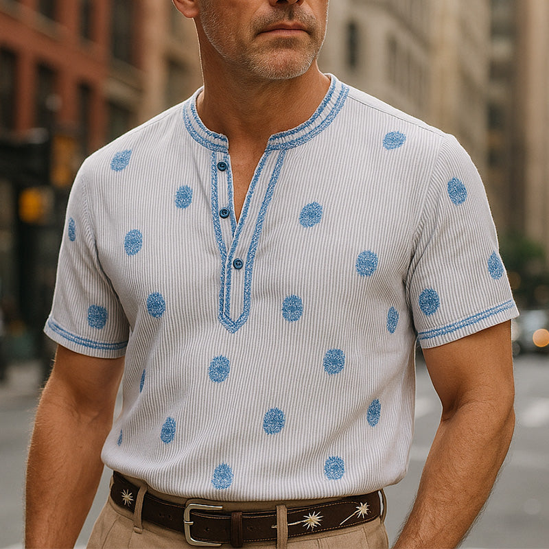 Men's Summer Fashion Solid Color Embroidery Cotton Blended Short Sleeve Shirt MTA2336E5P