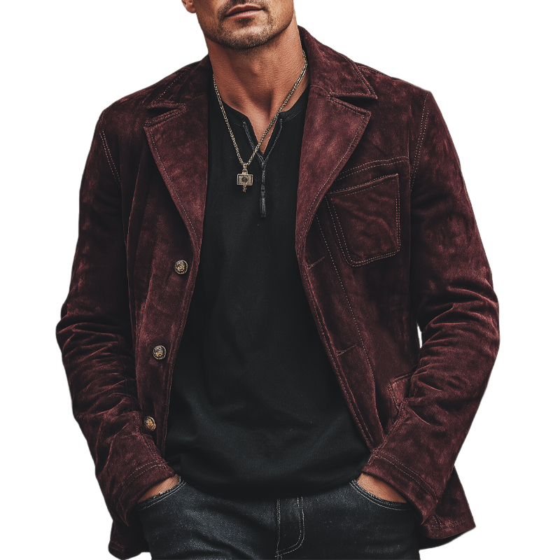 Men's Classic Dark Red Button Suede Jacket MTA0829K2U