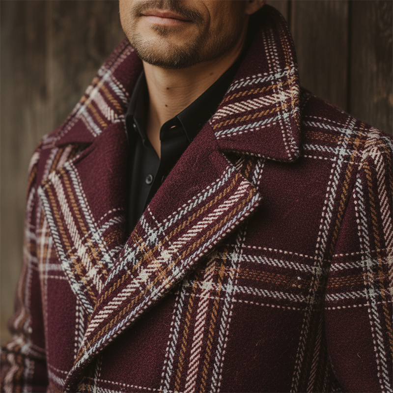 Men's Winter Fashion Plaid Faux Wool Double-Breasted Lapel Mid-Length Coat (Including Belt) MTA2550I3P