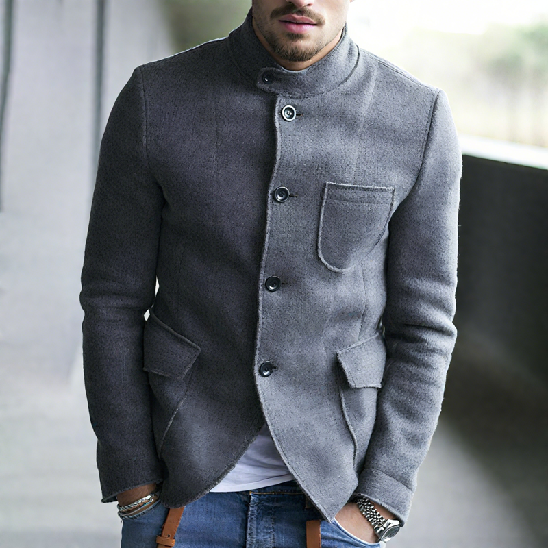 Men's Solid Stand Collar Single Breasted Multi-pocket Casual Jacket MTA1832H4Z