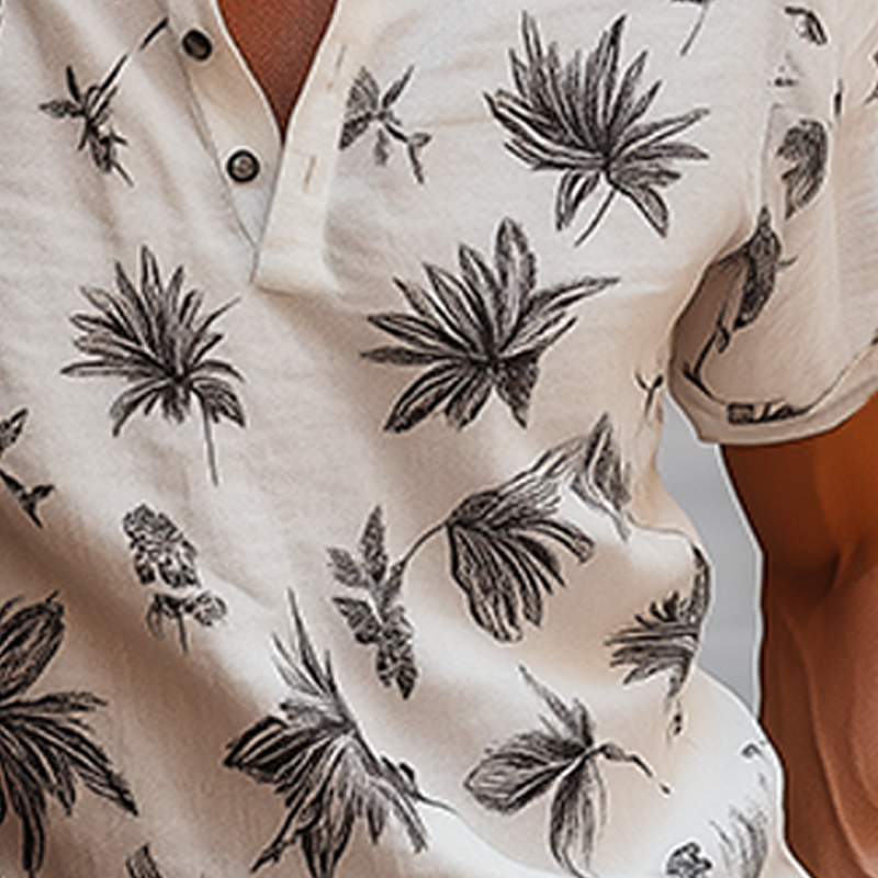 Men's Spring And Summer Fashion Casual Sicily Resort Style Cotton And Linen Printed Henley Collar Short-sleeved T-shirt MTA1042F2K