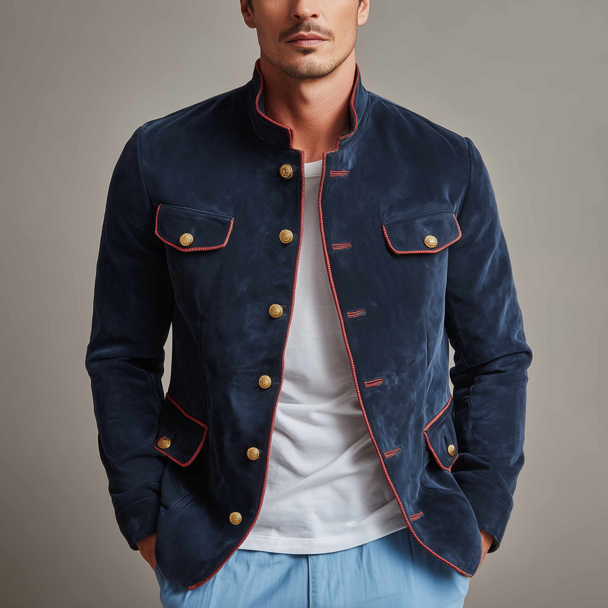 Men's Classic Retro Stand Collar Multi-pocket Suede Jacket MTA0231I9K