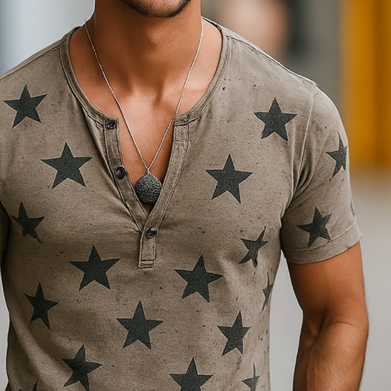 Men's Vintage Destroyed Stars Print Henley Short Sleeve T-Shirt MTA0762G1TO