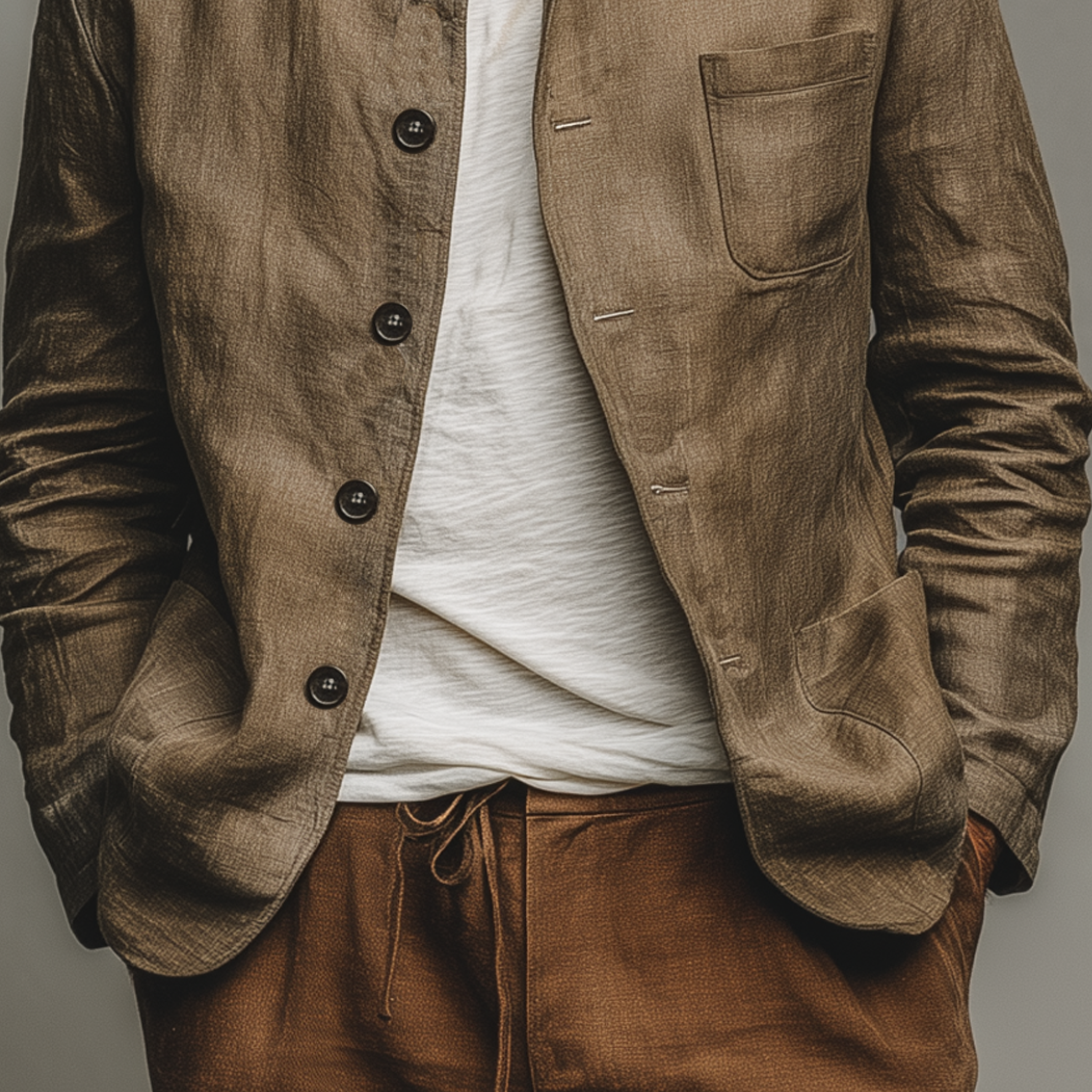 Men's Classic Casual Stand-up Collar Cotton And Linen Multi-pocket Thin Jacket MTA2596G7K