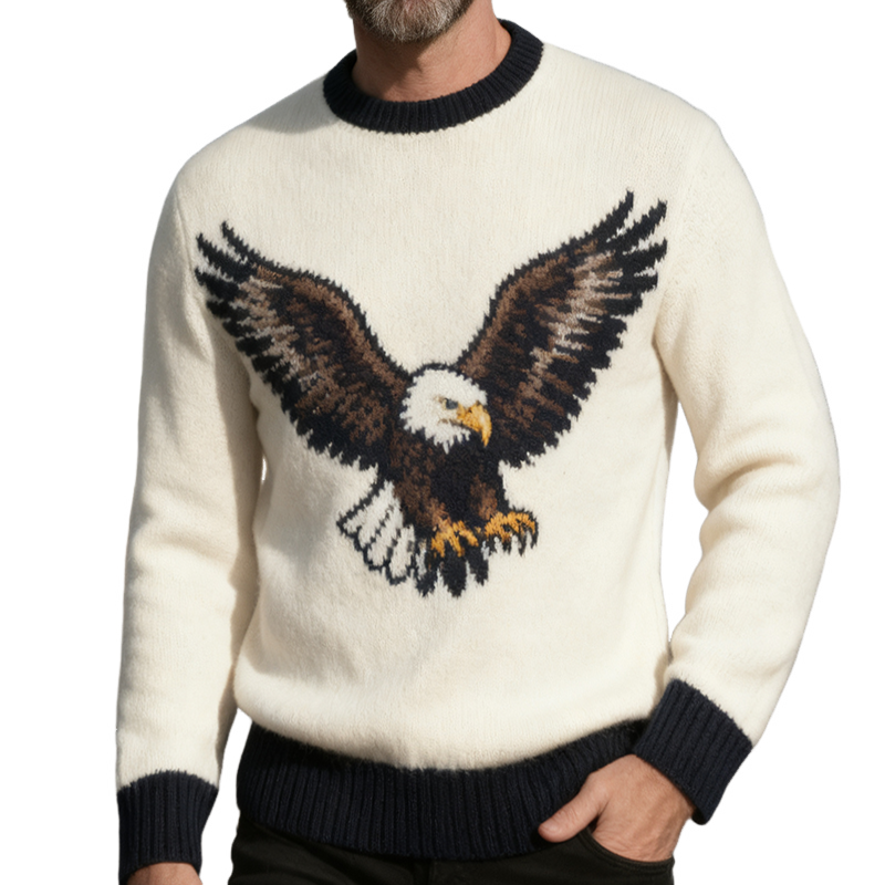 Men's Retro Casual Knitted Eagle Crew Neck Sweater MTA2969K7TO