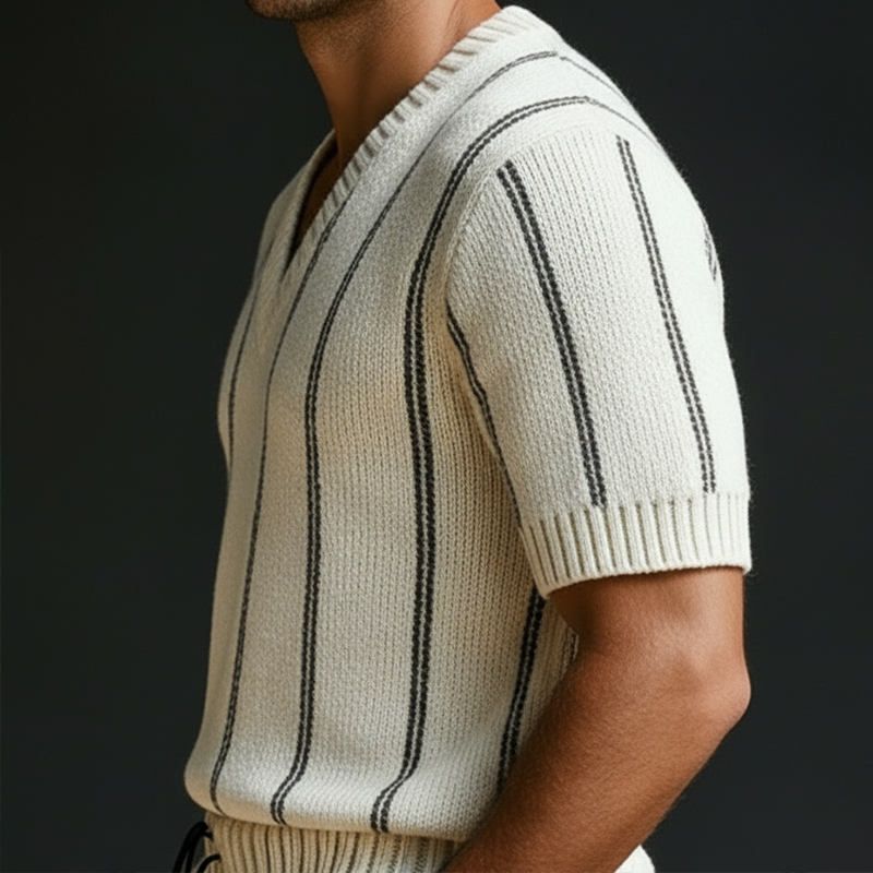 Men's Spring Fashion Vertical Striped Cotton Yarn Knitted Short-Sleeve Sweater MTZ2224A9P