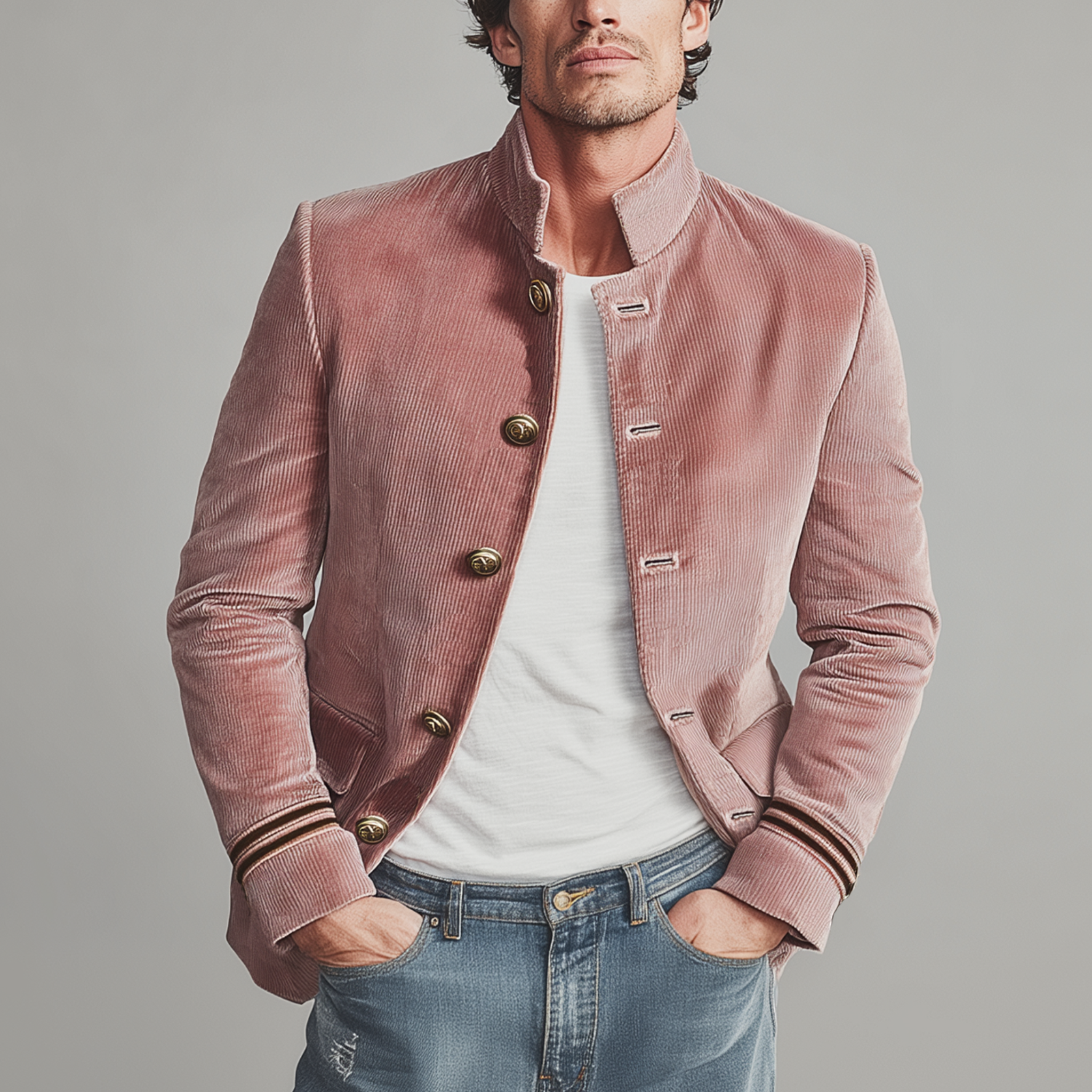 Men's Classic Vintage Stand Collar Single-Breasted Pink Corduroy Jacket MTA1081I8K