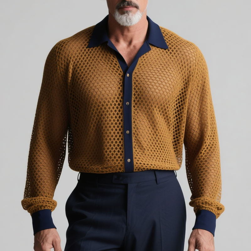Men's Colorblock Hollow Out Knit Lapel Long Sleeve Shirt MTA2829G7Z