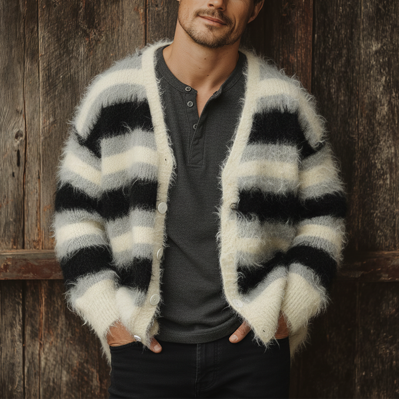 Men's Fashion Mohair Cotton Blended Striped Cardigan Sweater MTA1098J0P
