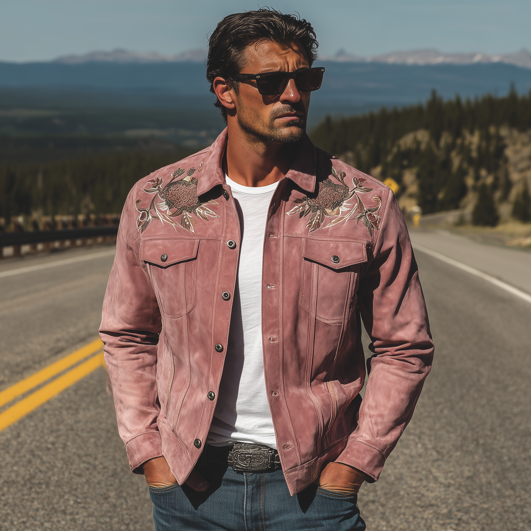 Men's Classic Retro Western Style Pink Suede Embroidered Jacket MTA1441H5K