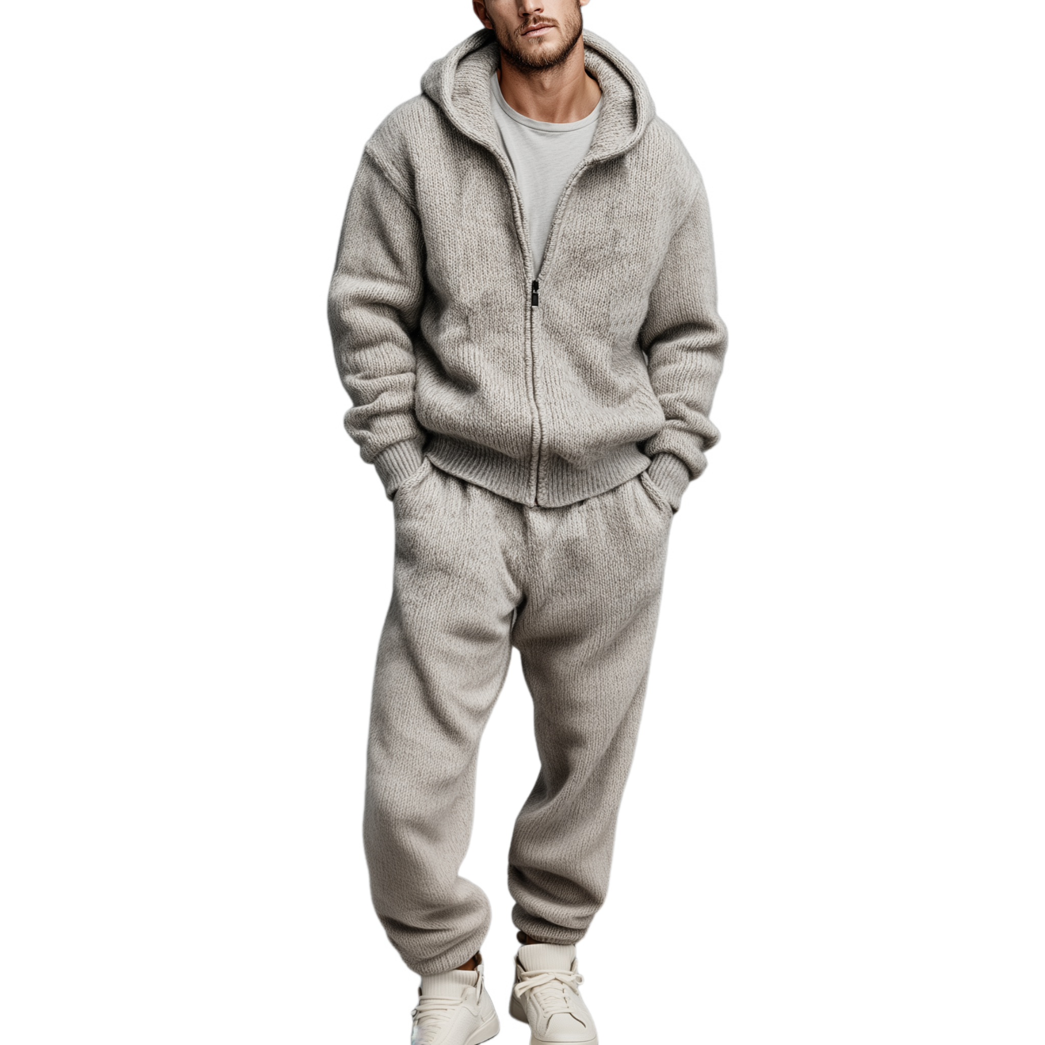 Men's Classic Casual Hooded Zipper Knit Cardigan Elastic Waist Knit Pants Set MTA1491J0K