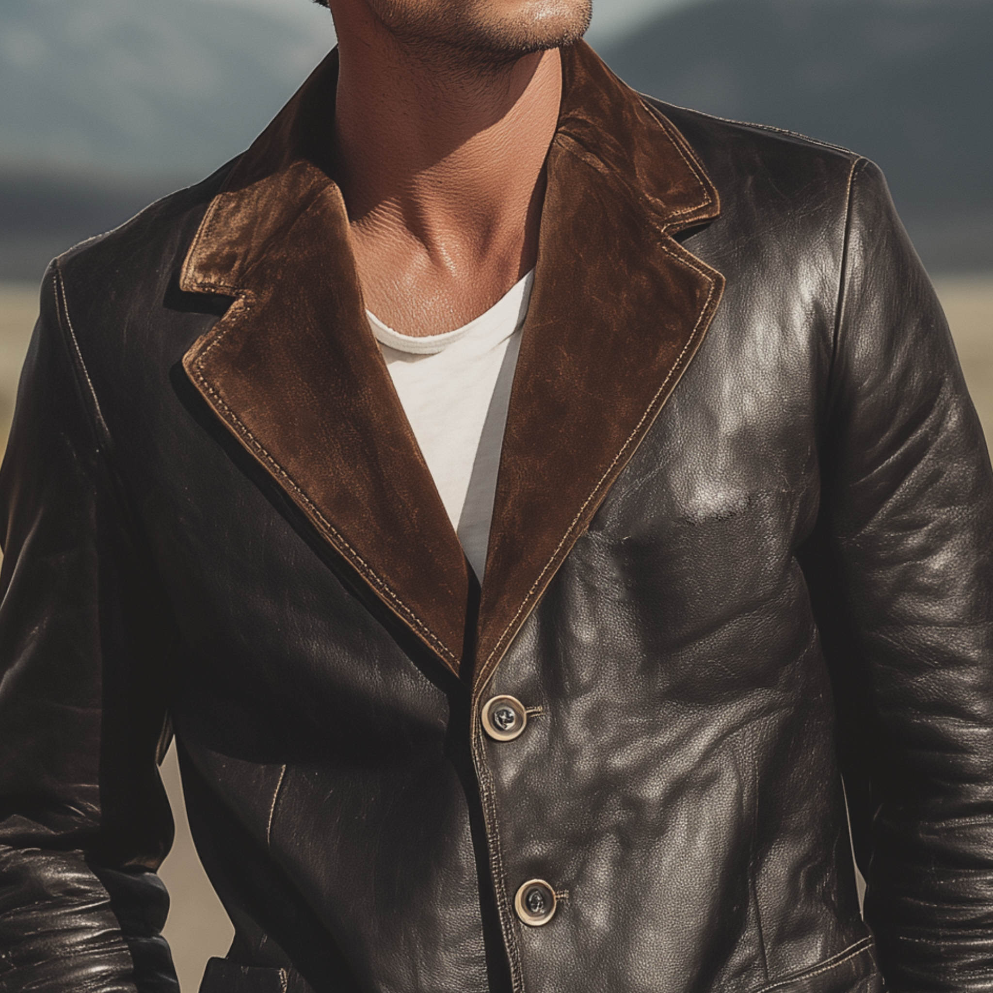 Men's Classic Retro Western Cowboy Style Suede Collar Single-breasted PU Leather Blazer MTA0888H7K