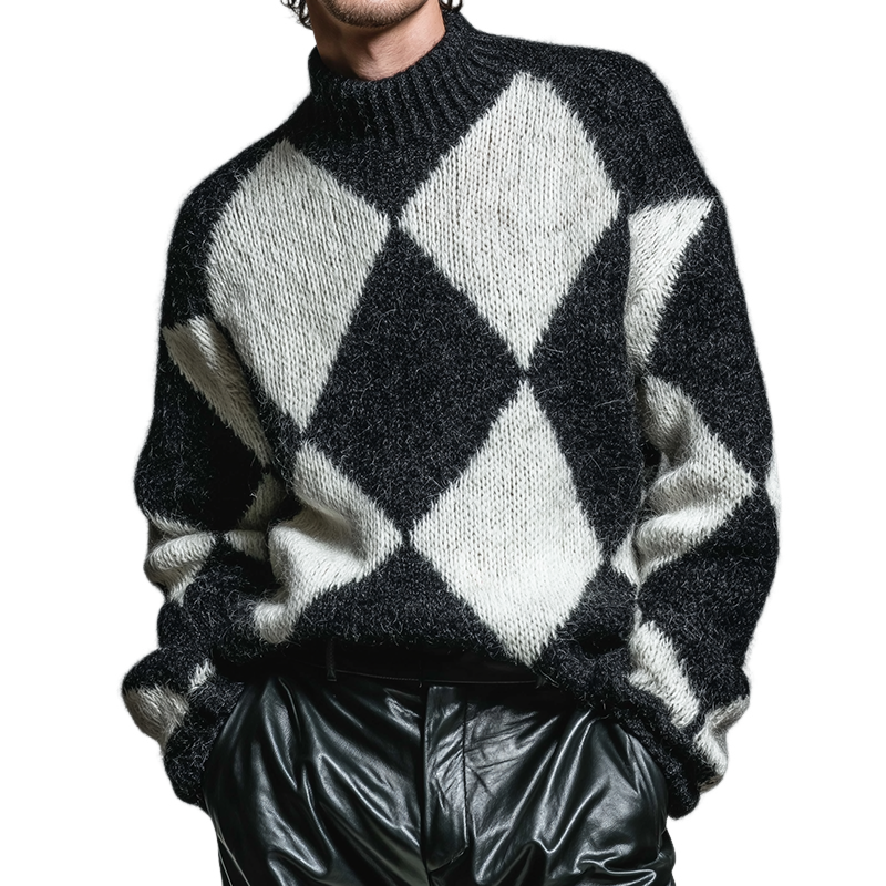 Men's Retro Casual Diamond Knitted Half Turtleneck Pullover Sweater MTA2110J4TO