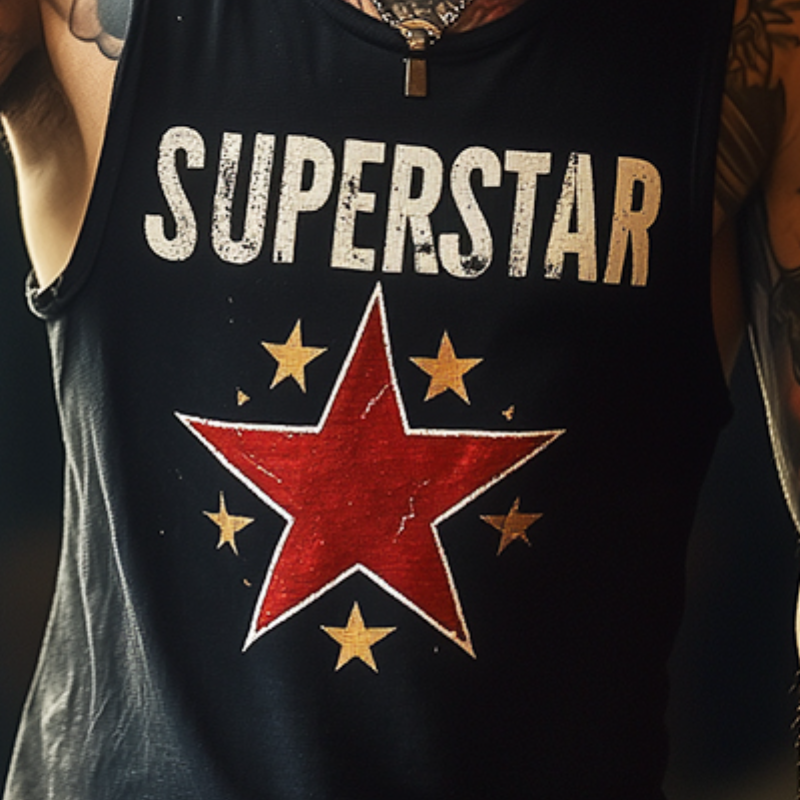 Men's Retro "SUPERSTAR" Print Casual Crew Neck Tank Top 06739045TO