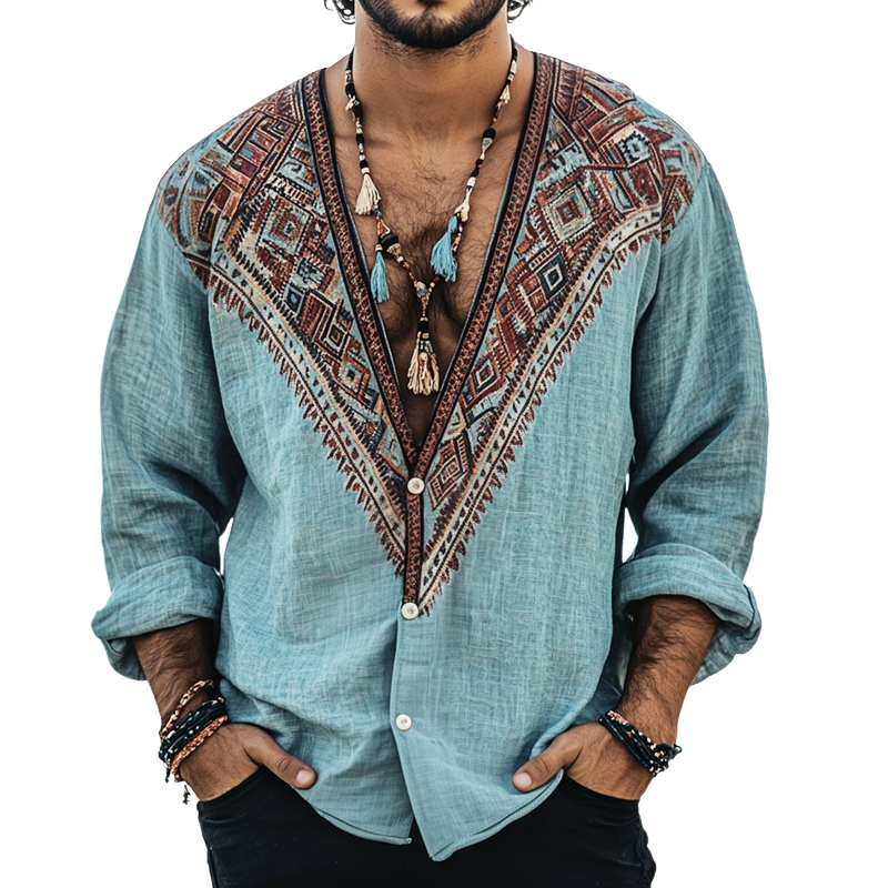 Men's Ethnic Print V Neck Long Sleeve Shirt MTA0279H9Z