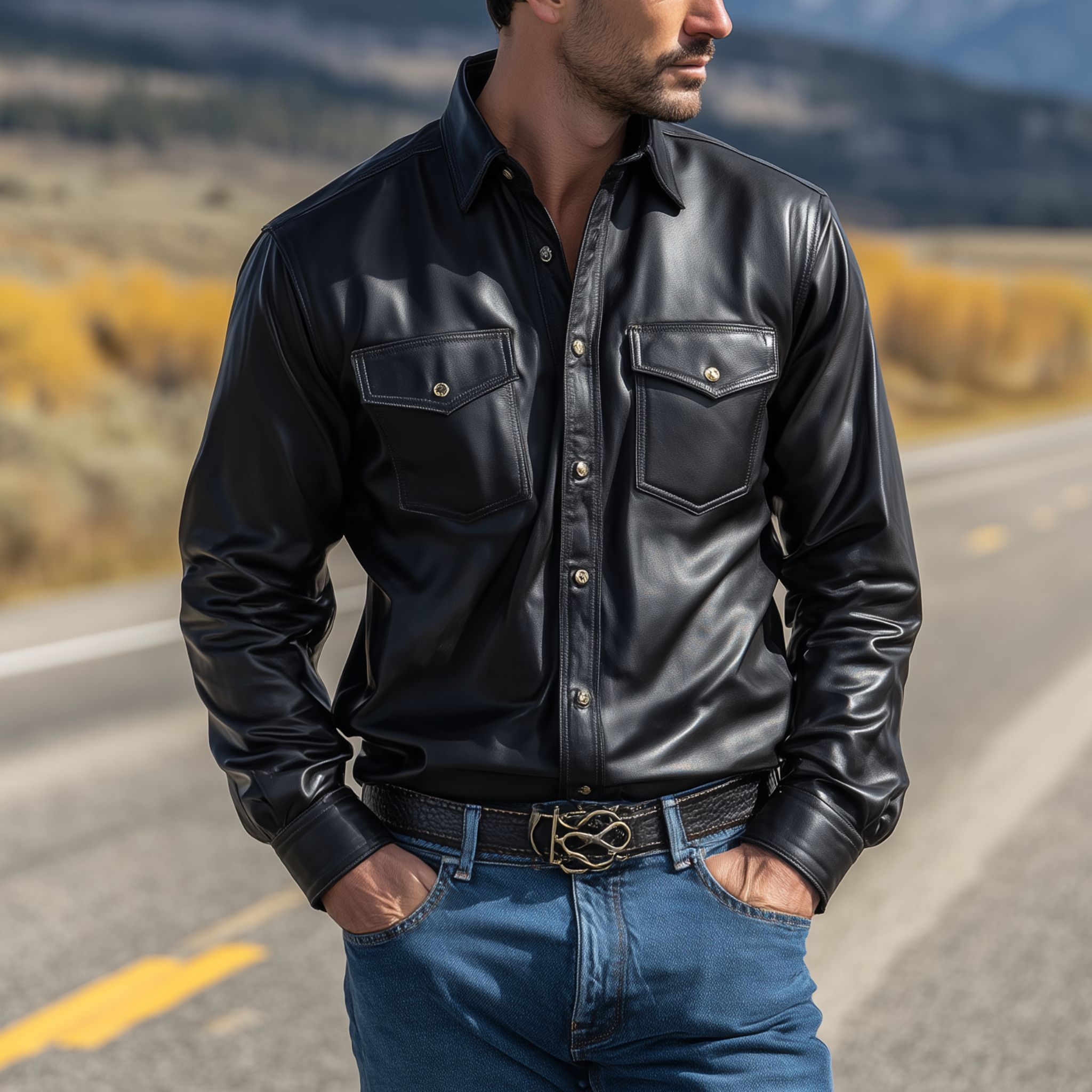Men's Classic Fashion Casual Pu Leather Lapel Long Sleeve Shirt MTA0252H3K