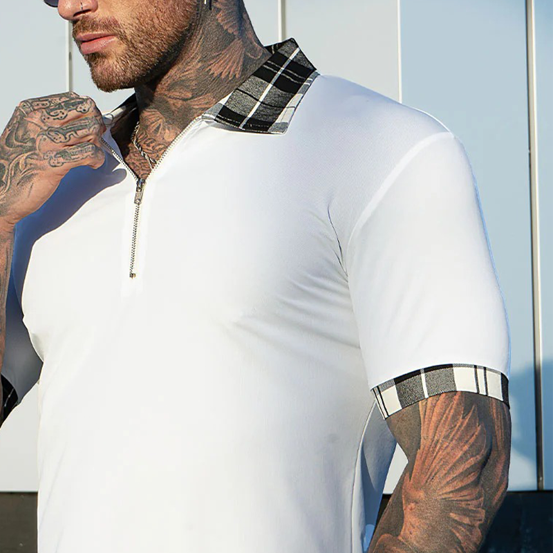 Men's Plaid Stitching Casual Short Sleeve POLO Shirt MTA0292G8X