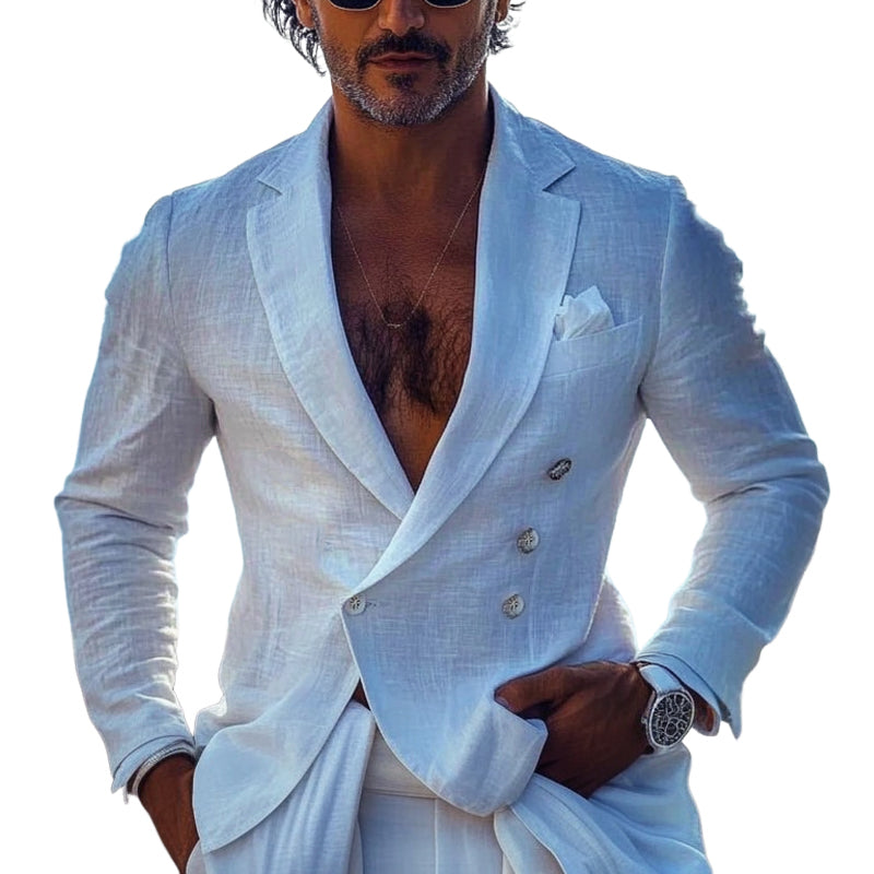 Men's Solid Color Thin Double-Breasted Cotton And Linen Blazer MTA0821E2X