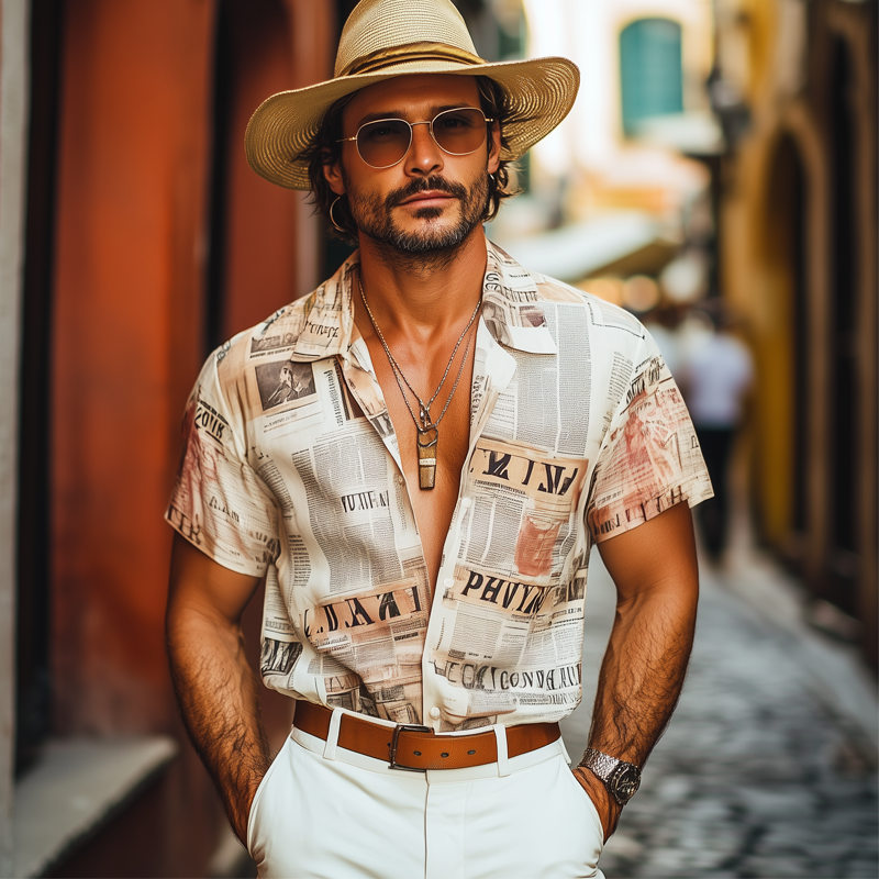 Men's Summer Fashion Newspaper Printed Short Sleeve Shirt MTA1082F6U