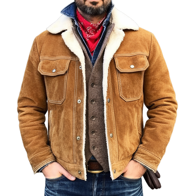 Men's Retro Camel Suede Faux Lambswool Warm Lined Jacket MTA1855K5U