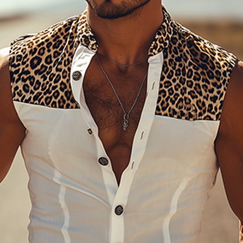 Herreskjorte i klassisk retro-stil, moteriktig vestlig cowboystil med bomullsblanding og lappeteppe i leopardprint, ermeløs MTA0839E5K