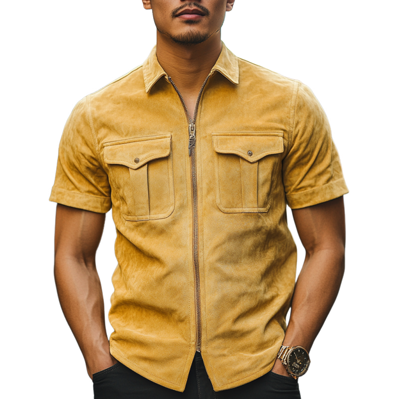 Men's Retro Casual Slim Lapel Multi-Pocket Suede Short Sleeve Shirt 55066932K