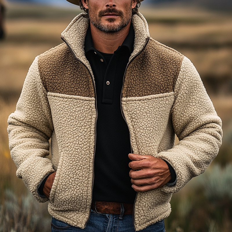 Men's Contrast Color Vintage Polar Fleece Lapel Zip-Up Jacket MTA1156J9X