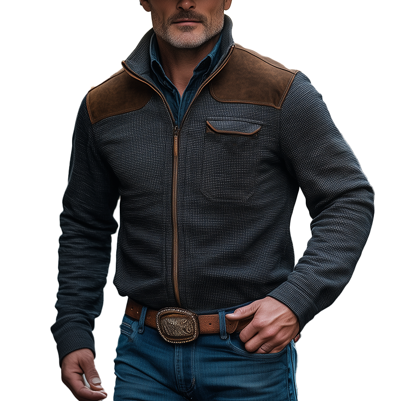 Men's Retro Small Check Faux Suede Patchwork Cloth Zipper Cardigan MTA2946J0P