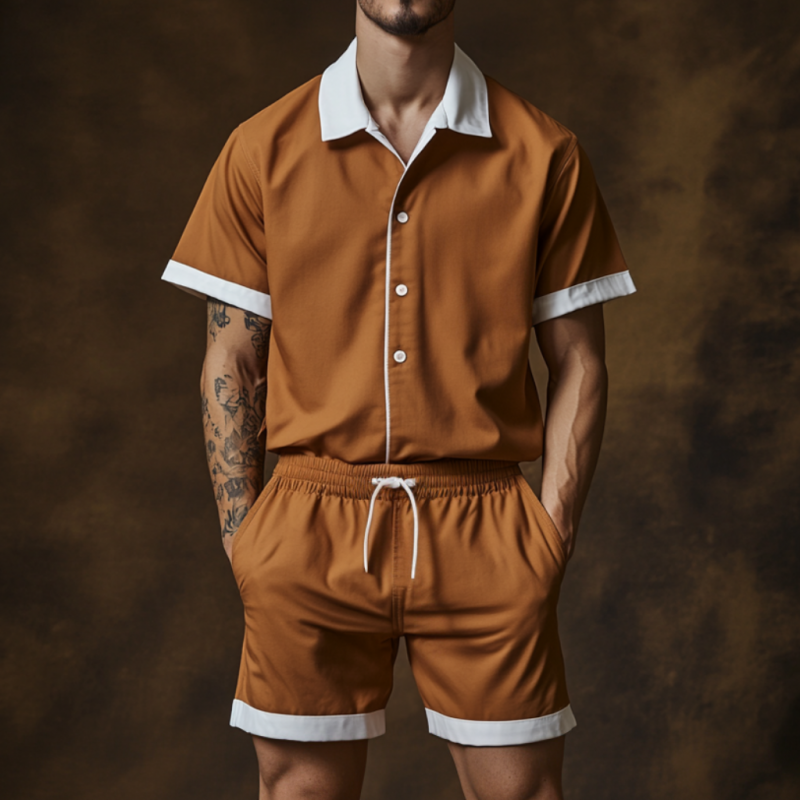Men's Casual Cotton Blended Colorblock Lapel Loose Short Sleeve Shirt Elastic Waist Shorts Set MTA2649E6M