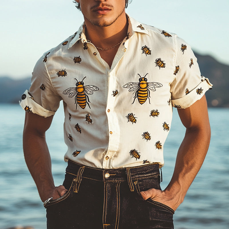 Men's Funny Bee Print Lapel Short Sleeve Shirt MTA2241D5X