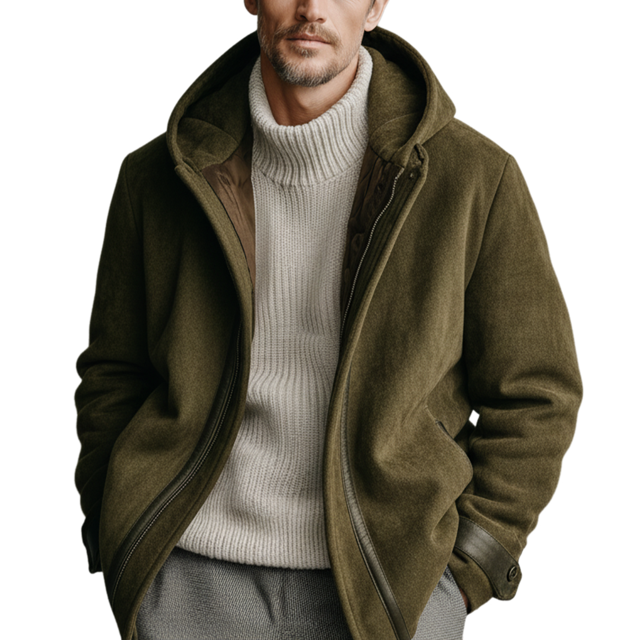 Men's Classic Casual Light Business Splicing PU Leather Hooded Faux Suede Jacket MTA2267J3K