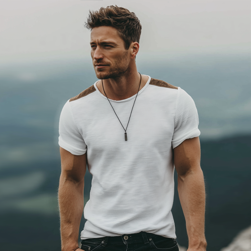 Men's Retro Casual Solid Color Waffle Stitching Suede Round Neck Short Sleeve T-Shirt MTA1082G2TO