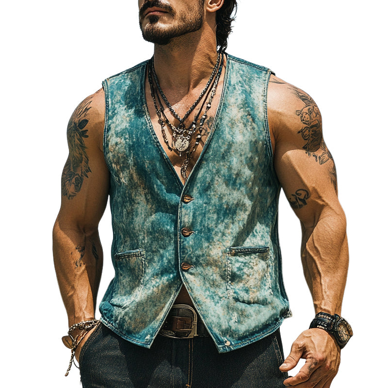 Men's Vintage Distressed Western Style Denim V-Neck Single Breasted Vest MTA2921D7X