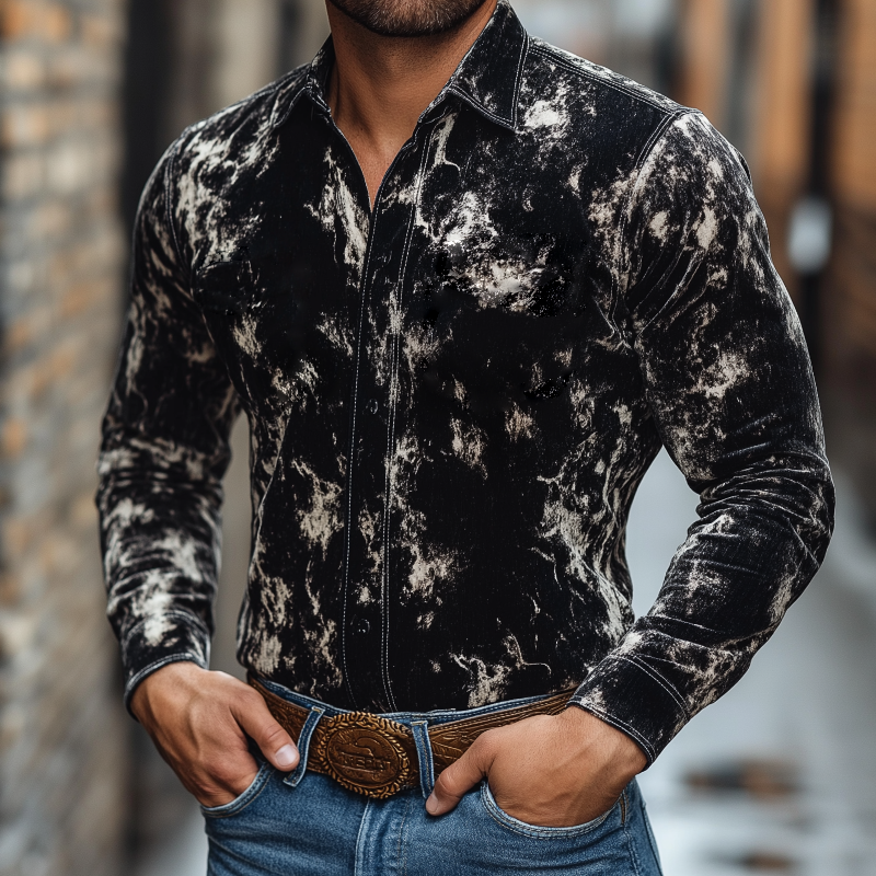 Men's Retro Casual Marble Print Velvet Lapel Long Sleeve Shirt MTA1996H0TO