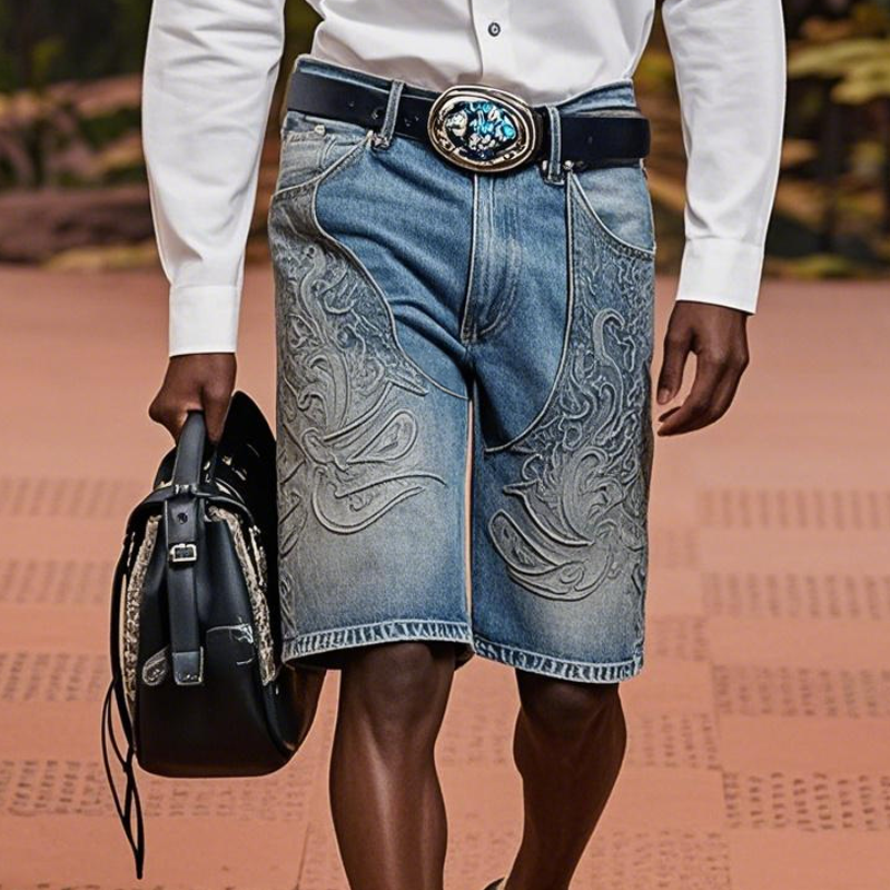 Men'S Fashion Retro Embroidered Straight Denim Shorts MTA0937E8Z