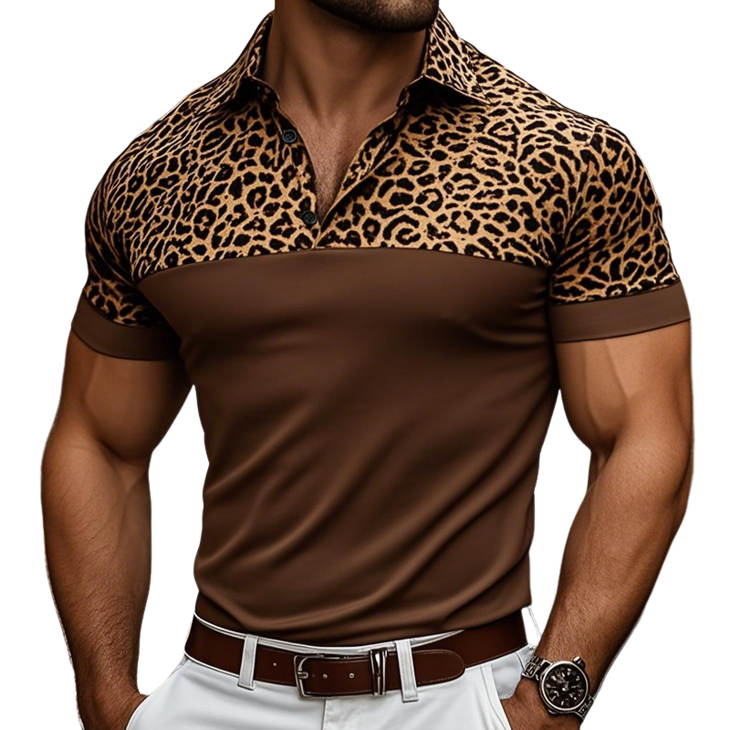 Men's Fashion Leopard Lapel Short Sleeve Polo Shirt MTA1621E4Z