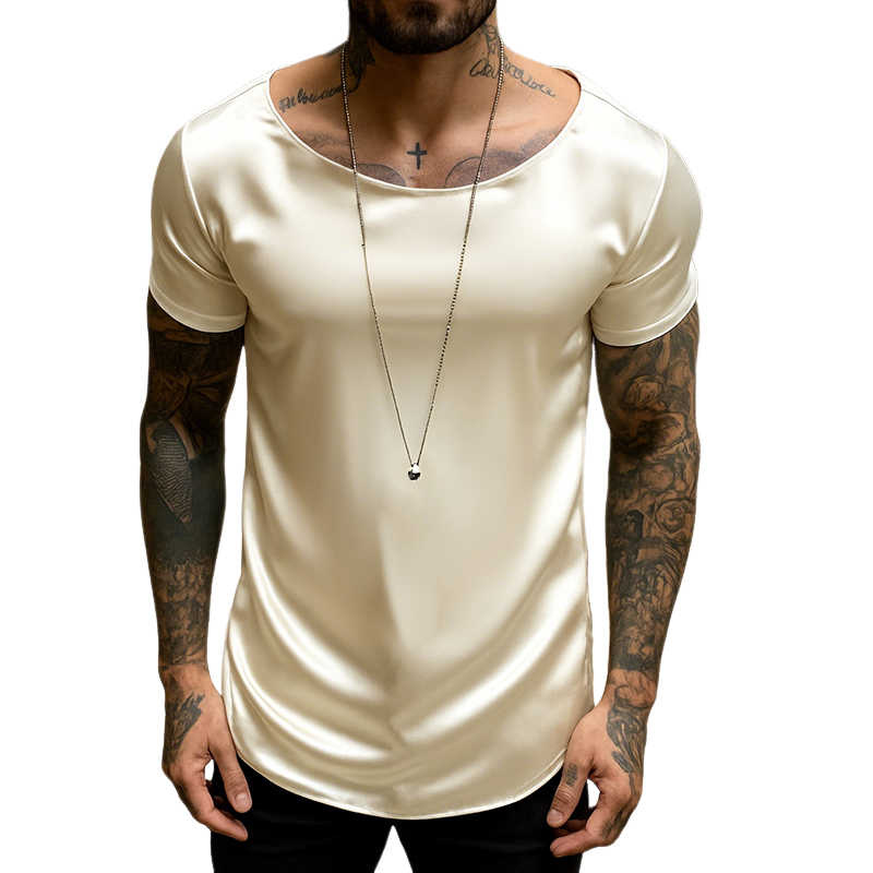 Men's Retro Casual Satin Round Neck Elastic Short Sleeve T-Shirt MTA2242G5TO