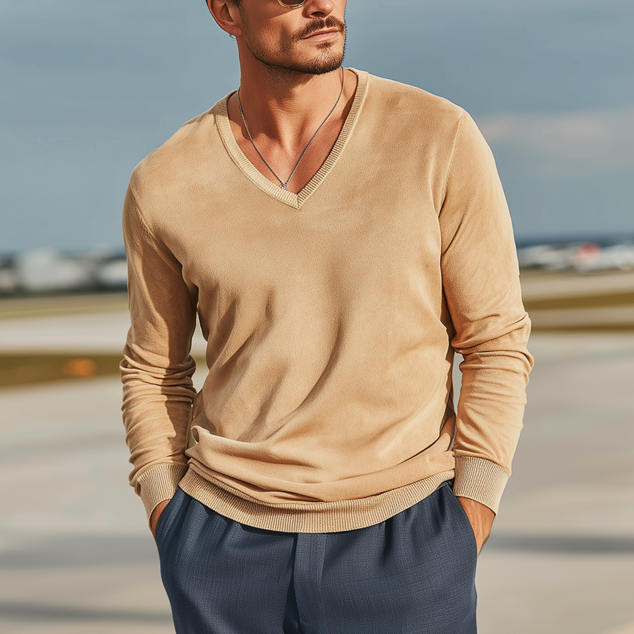 Men's Classic Casual Collar, Cuffs And Hem Ribbed Stitching Thin Suede V-neck Long-sleeved T-shirt MTA2323G5K