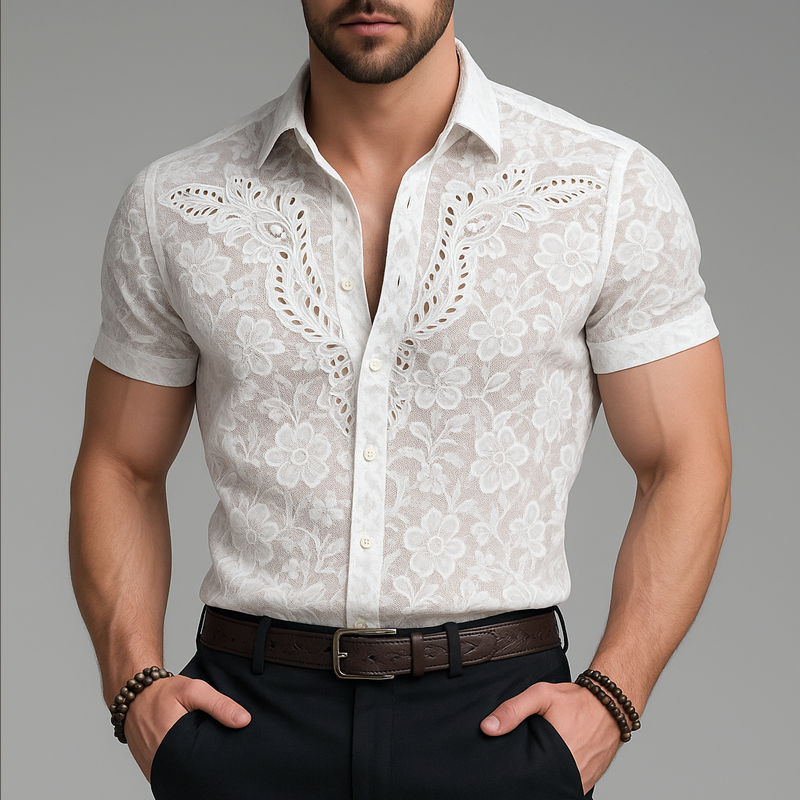 Men's Floral Jacquard Lapel Short Sleeve Shirt MTA0940G8Z