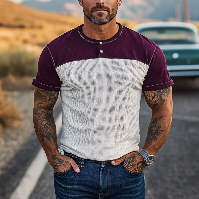 Men's Spring And Summer Casual Cotton Blend Splicing Waffle Henry Collar Short Sleeve T-Shirt MTA0125G2K