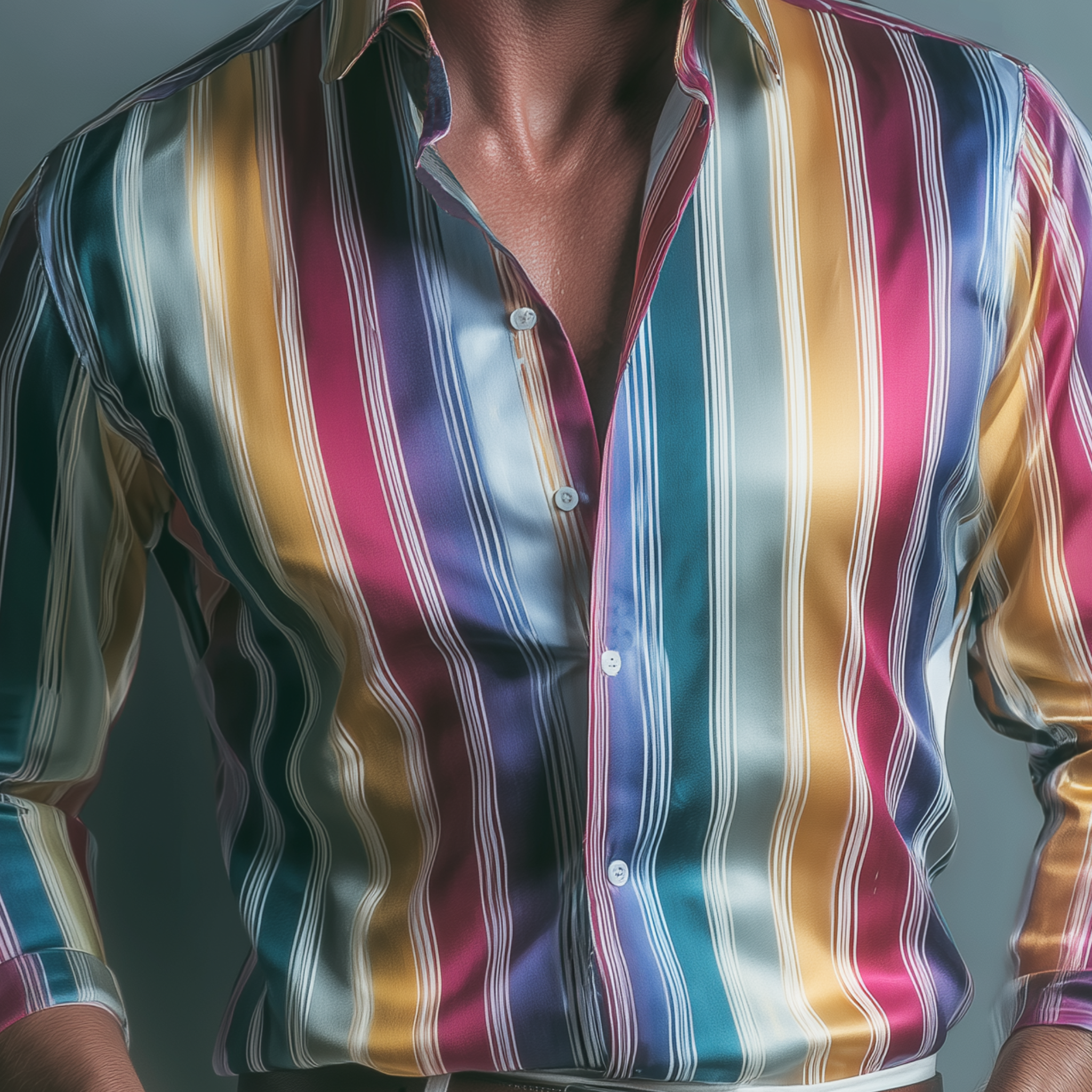 Men's Fashion Casual Satin Color Vertical Stripe Print Slim Fit Long Sleeve Shirt MTA2469G8K