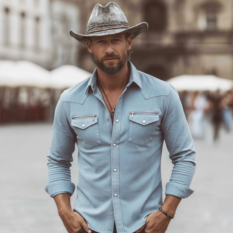 Men's Elegant Light Blue Faux Suede Snap-button Long-sleeved Shirt MTZ0943A7U